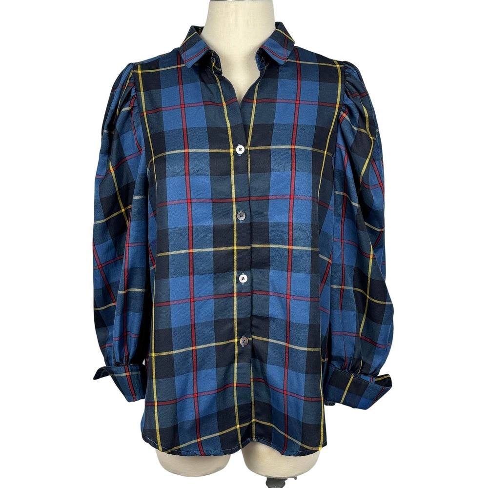 Gretchen Scott Plaid Button‎ Shirt Womens XS Relaxed Fit Blue Puff Sleeve Preppy